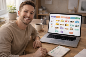  Beginner creator finishing a week of planned content with an organized workflow and completed checklist
