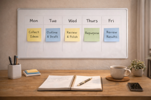Simple weekly content planning system laid out across a desk or planning board
