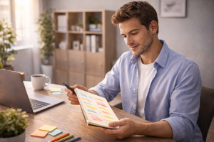 6200326 Content creator looking confident after organizing a full list of content ideas.