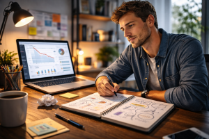 Marketer reviewing weak results and turning feedback into a better digital marketing plan.
