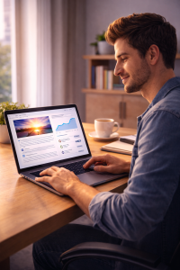 6220326 Content creator reviewing improved post performance in a modern home office.