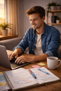 Content creator confidently publishing story-driven content from a laptop

