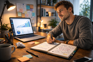  Beginner marketer showing steady progress and confidence after learning key digital marketing lessons.
