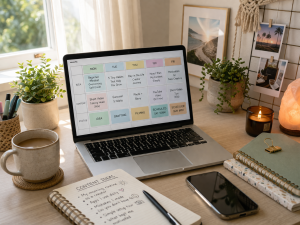 Beginner content creator workspace with laptop, notebook, and content calendar in a bright home office