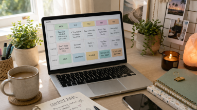 Beginner content creator workspace with laptop, notebook, and content calendar in a bright home office