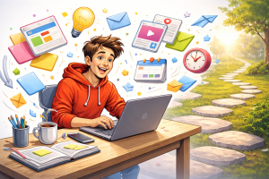 Content marketing mistakes beginners make shown as clutter turning into a clear path