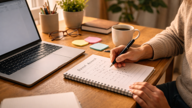 Smartphone beside a simple daily checklist on a bright, tidy desk.