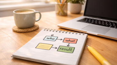 A clean desk with a laptop and notepad illustrating a simple messaging framework.