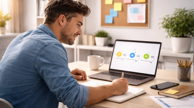 A beginner marketer improving an irresistible offer using a simple strategy board, laptop, and notes in a bright modern workspace.