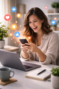 Content creator at a desk seeing strong social media engagement on a laptop and phone.