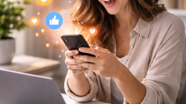 Content creator at a desk seeing strong social media engagement on a laptop and phone.