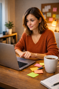 Beginner creator learning how to show up online with confidence at a home desk