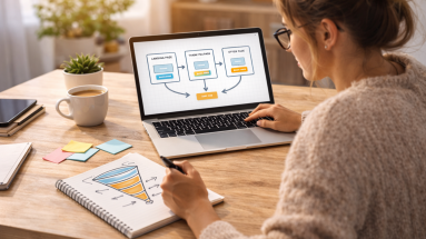 Beginner entrepreneur planning a simple sales funnel at a home office desk