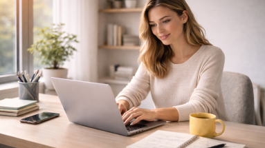 Beginner content creator working at a laptop in a simple home office while building authority online without tech skills