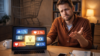 Content creator looking puzzled at high engagement but low conversions on a laptop dashboard