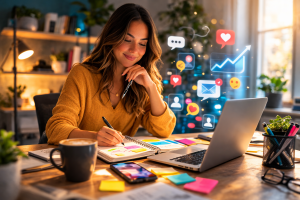 Content creator planning helpful posts at a desk with laptop and phone, representing how to build trust with your audience.