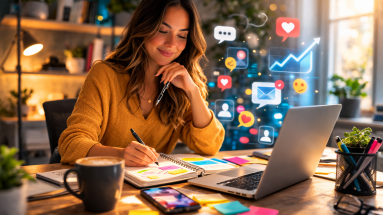 Content creator planning helpful posts at a desk with laptop and phone, representing how to build trust with your audience.
