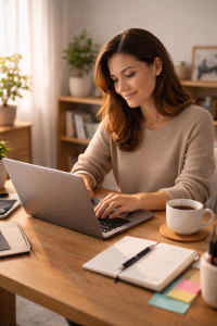 Calm content creator working at a desk in a relaxed and organized home office