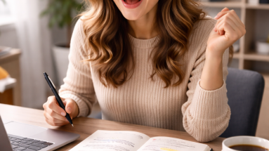 Content creator at a desk brainstorming fresh content ideas with notes, laptop, and a creative workspace.