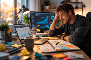 Beginner marketer at a desk looking overwhelmed but determined while working through early digital marketing mistakes.