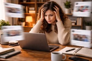 Content creator overwhelmed by messy social media content ideas at a desk