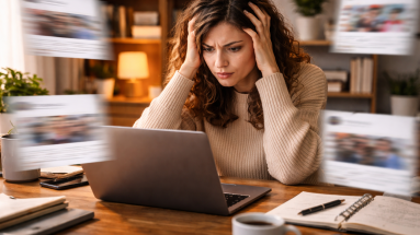 Content creator overwhelmed by messy social media content ideas at a desk