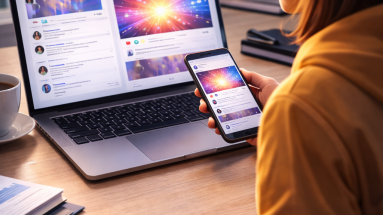 Content creator seeing one post stand out in a crowded social media feed on a laptop and phone.