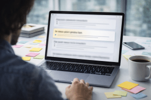 Content creator drafting social media hooks on a laptop at a clean desk