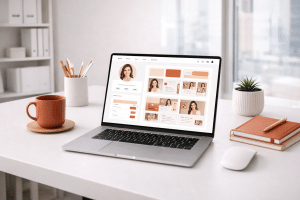 Clean modern workspace showing a polished online brand setup on a laptop