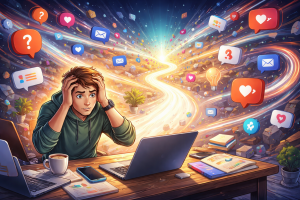 Beginner content creator surrounded by chaotic social media symbols while one clear path represents better strategy.