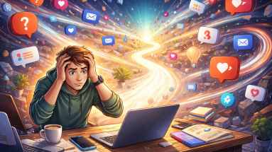 Beginner content creator surrounded by chaotic social media symbols while one clear path represents better strategy.