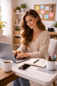 Content creator working in a cozy home office to build a strong presence on social media