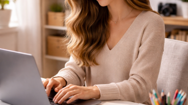 Content creator working in a cozy home office to build a strong presence on social media