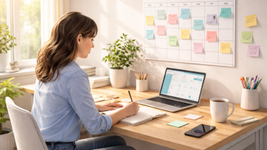 Beginner entrepreneur creating a weekly marketing plan at a clean desk with laptop and notebook