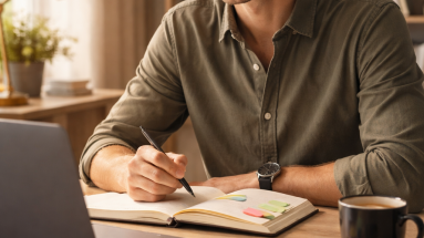 Content creator planning valuable content at a desk with laptop and notes