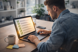 Content creator reviewing a content publishing checklist before publishing a post