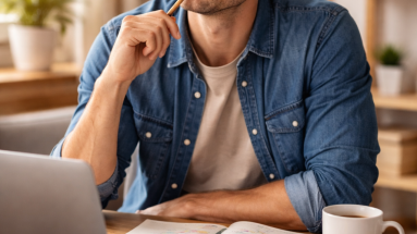 Content creator planning story-based content at a desk in a warm home office