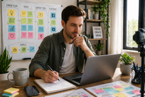 Laptop and smartphone displaying simple educational content ideas for beginner social media creators.
