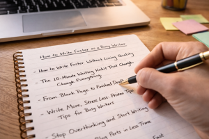 Notebook showing multiple rewritten headline ideas for copywriting practice

