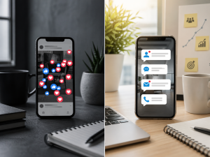Split-screen comparison between high likes and real customer actions on social media.
