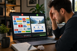 Comparison of a confusing landing page headline and a clearer headline layout on a laptop screen.
