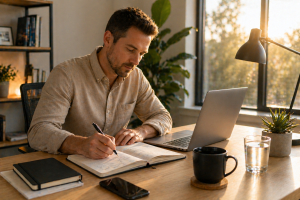 Entrepreneur starting the day in a bright home office with laptop, notebook, and coffee during an early morning work session.
