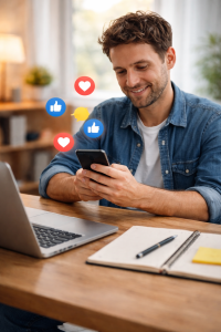 1050426 Content creator checking social media engagement on a phone in a relaxed home office