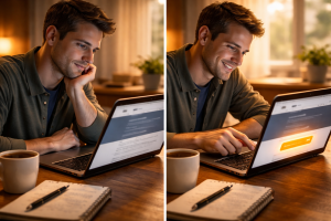 1110426 Split image showing a reader browsing content and then taking action after seeing a clear CTA
