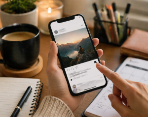 Person saving a helpful social media post on a smartphone beside a planner and coffee
