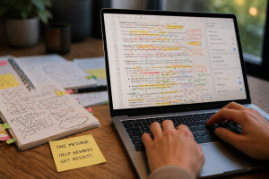 1140426 Laptop showing a cluttered blog draft beside notes about one clear message