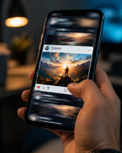 1150426 Phone screen showing one post stopping the scroll in a busy social media feed