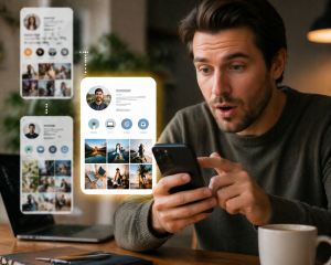 1160426 Person comparing social media profiles on a phone and reacting positively to a clear bio.