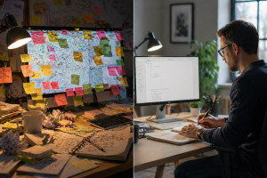 Side-by-side view of messy content ideas versus a clear organized writing setup.
