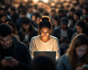 One person in sharp focus in front of a blurred crowd to represent speaking to a specific audience.